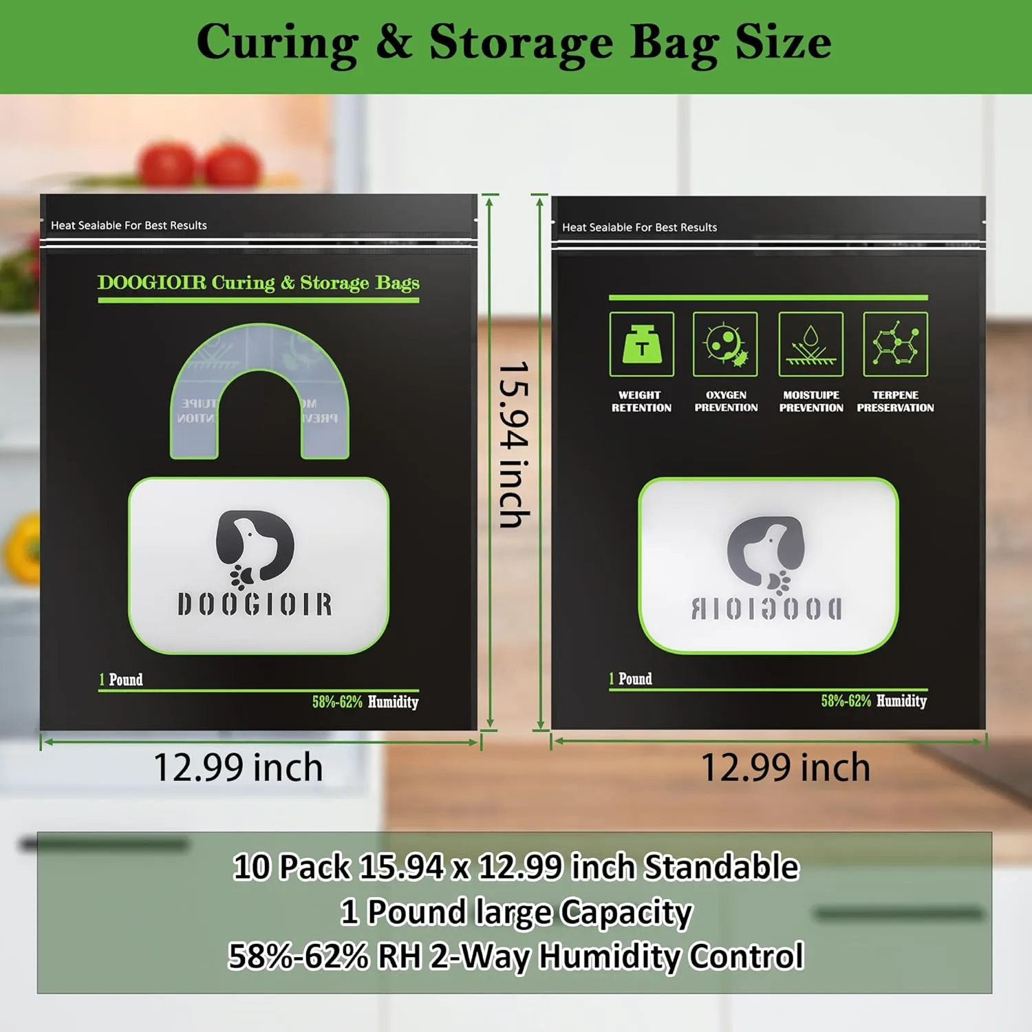 1 LB Curing & Storage Bags, Curing and Food Storage, Double-Tracked Zip Closure Heat Sealable Upright, Reusable Humidity Control Cure Bags (15.94 x 12.99 inch, 10 Pack)