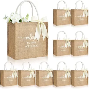 10 Pack Wedding Burlap Bags Welcome To Our Wedding Jute Tote Bags with Handles and Satin Ribbon for Guests Bridesmaid Gift Bridal Shower Party Favor Supplies