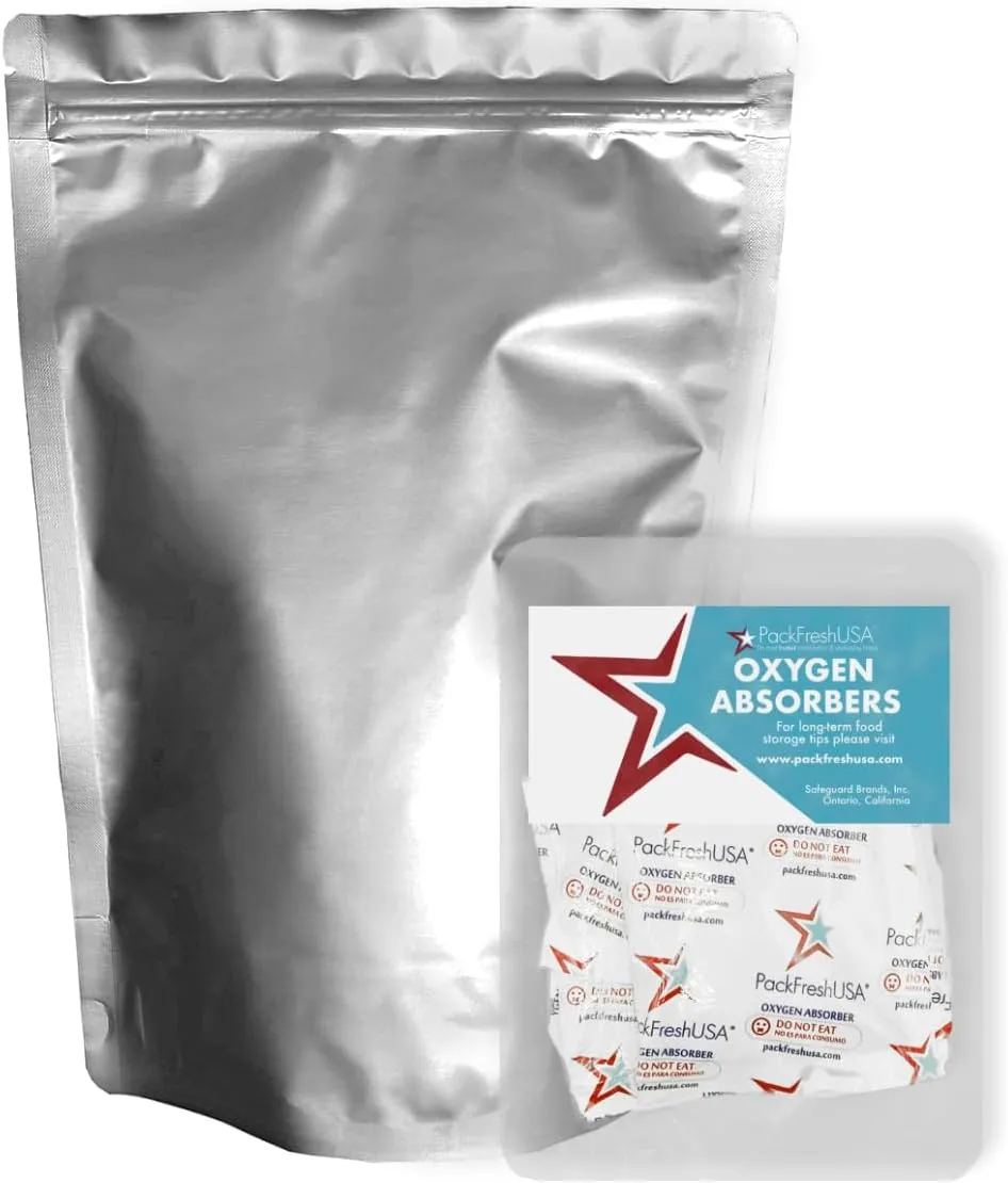 100 Pack - 7 Mil - 2 Quart Seal-Top Stand Up Mylar Pouch Bags - 300cc Oxygen Absorbers - Resealable - Rounded Corners - Long-Term Food Storage