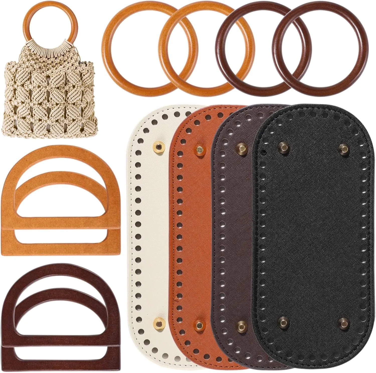 12 PCS Bag Bases and Wooden Bag Handles Set, Handcrafted Bag Bottoms with 52 Holes, Wooden Bag Handles for Purses and Tote Bags, Quality and Versatile