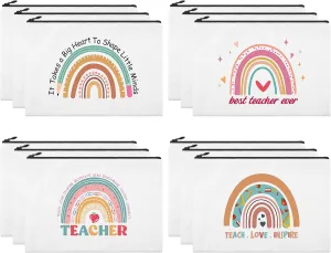 12 Pcs Teacher Gifts Makeup Bags Teacher Appreciation Travel Toiletry Canvas Cosmetic Pencil Survival Kit Bag for Women Zipper Pouch Bag Thank You Gifts Bulk (Rainbow Heart)