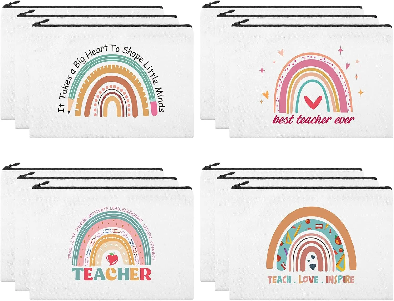 12 Pcs Teacher Gifts Makeup Bags Teacher Appreciation Travel Toiletry Canvas Cosmetic Pencil Survival Kit Bag for Women Zipper Pouch Bag Thank You Gifts Bulk (Rainbow Heart)