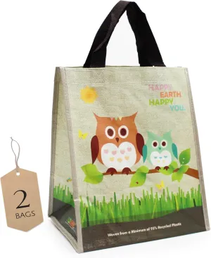 (2 Pack) Ecojeannie Laminated Mini Woven Reusable Grocery Shopping Bags, made with a minimum of 95% recycled plastic