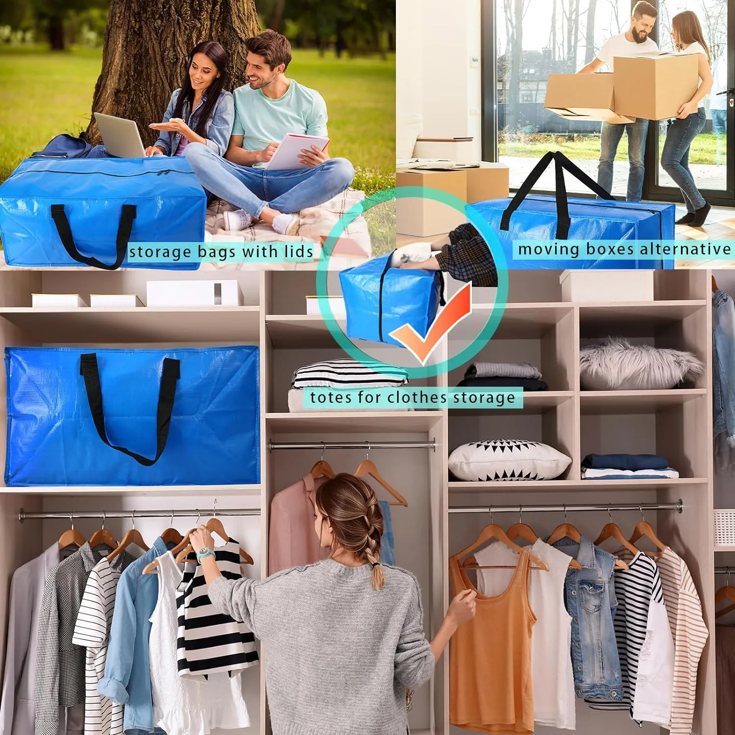 2 Pack Heavy Duty Extra Large Moving Bags Storage Tote - Strong Handles& Backpack Straps - Space Saving Storage Bags Alternative to Moving Boxes and Bins,Compatible with Ikea Frakta Cart, Blue