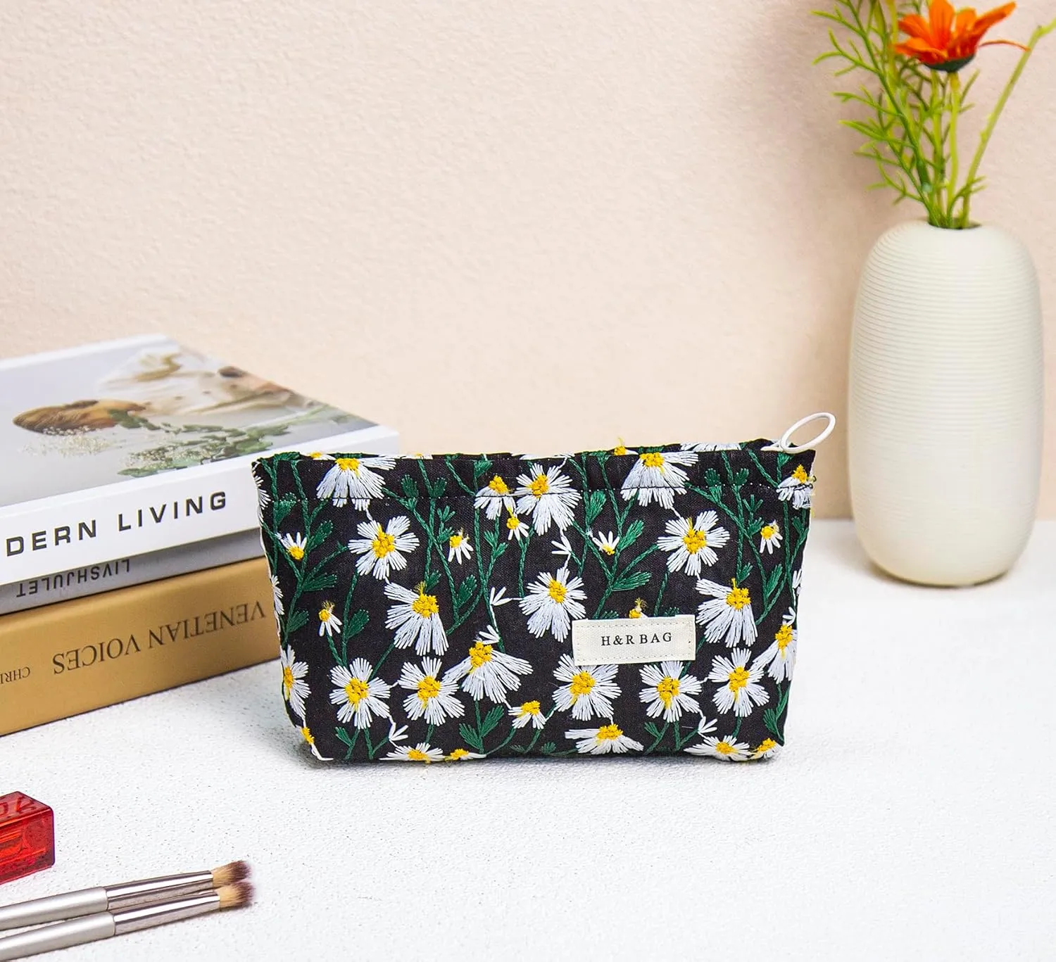 2 Pcs Makeup Bags, Large Cosmetic Bag Travel Toiletry Bag Organizer for Women, Embroidery Craft, Floral Makeup Bag Small Cosmetic Pouch Purse with Zipper Gifts for Girls Teen