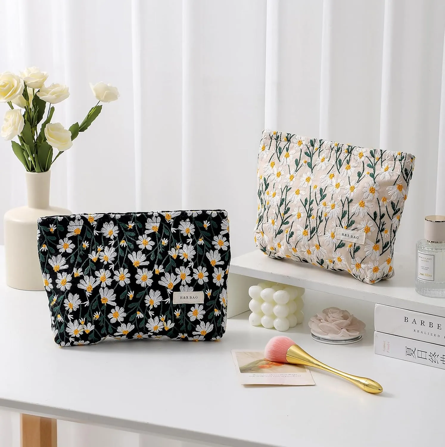 2 Pcs Makeup Bags, Large Cosmetic Bag Travel Toiletry Bag Organizer for Women, Embroidery Craft, Floral Makeup Bag Small Cosmetic Pouch Purse with Zipper Gifts for Girls Teen