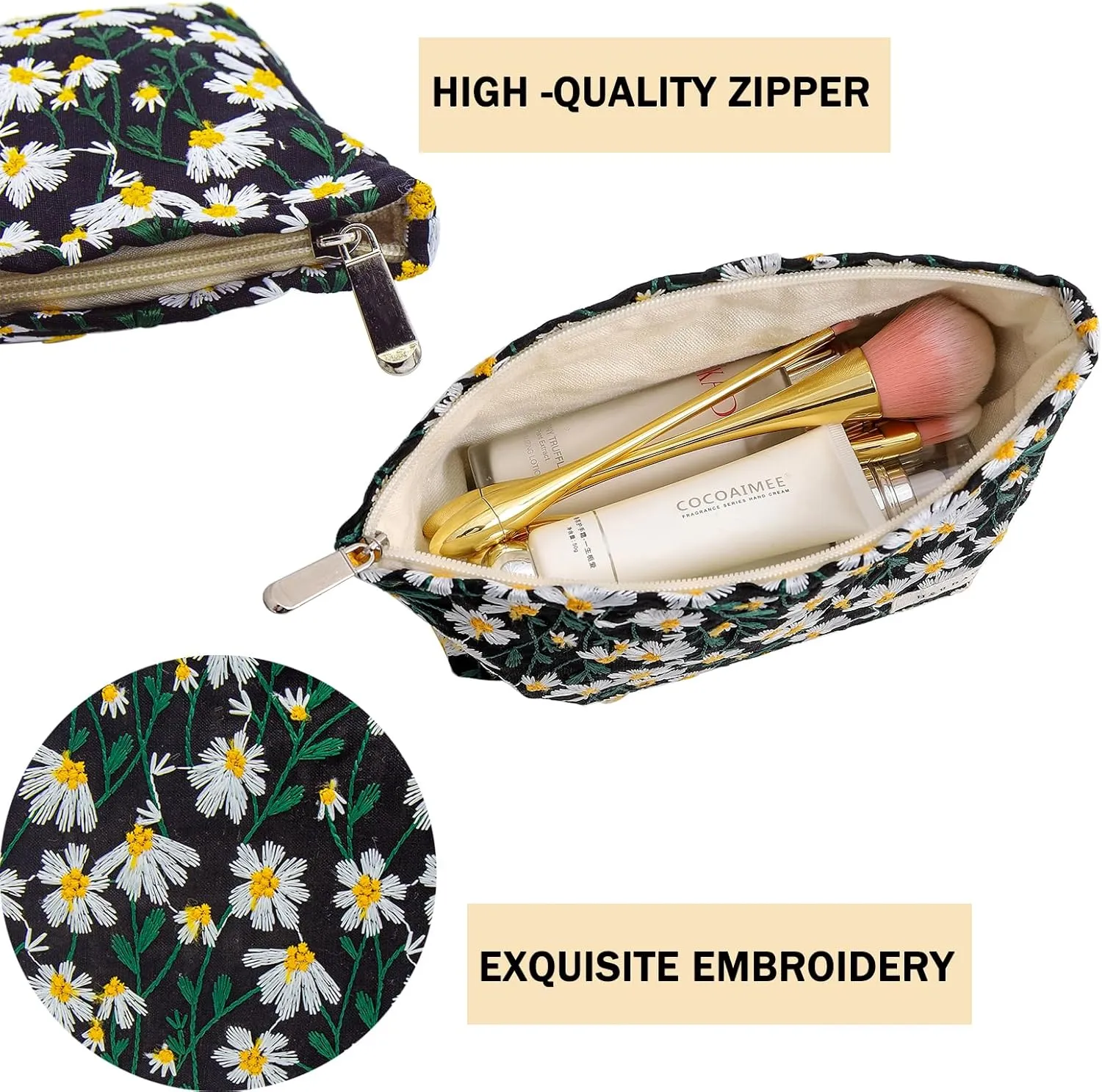 2 Pcs Makeup Bags, Large Cosmetic Bag Travel Toiletry Bag Organizer for Women, Embroidery Craft, Floral Makeup Bag Small Cosmetic Pouch Purse with Zipper Gifts for Girls Teen