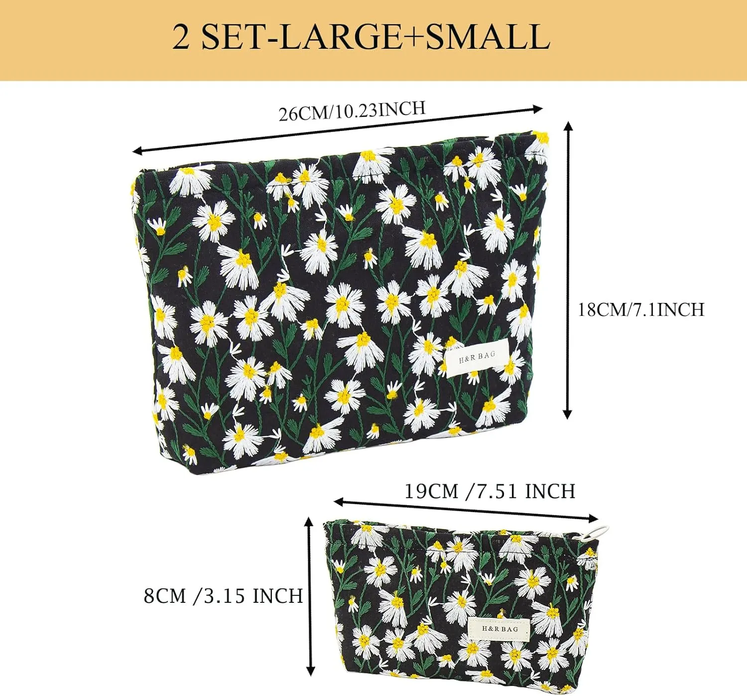 2 Pcs Makeup Bags, Large Cosmetic Bag Travel Toiletry Bag Organizer for Women, Embroidery Craft, Floral Makeup Bag Small Cosmetic Pouch Purse with Zipper Gifts for Girls Teen