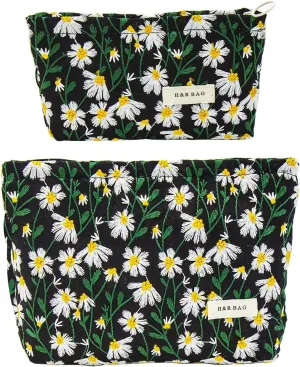 2 Pcs Makeup Bags, Large Cosmetic Bag Travel Toiletry Bag Organizer for Women, Embroidery Craft, Floral Makeup Bag Small Cosmetic Pouch Purse with Zipper Gifts for Girls Teen