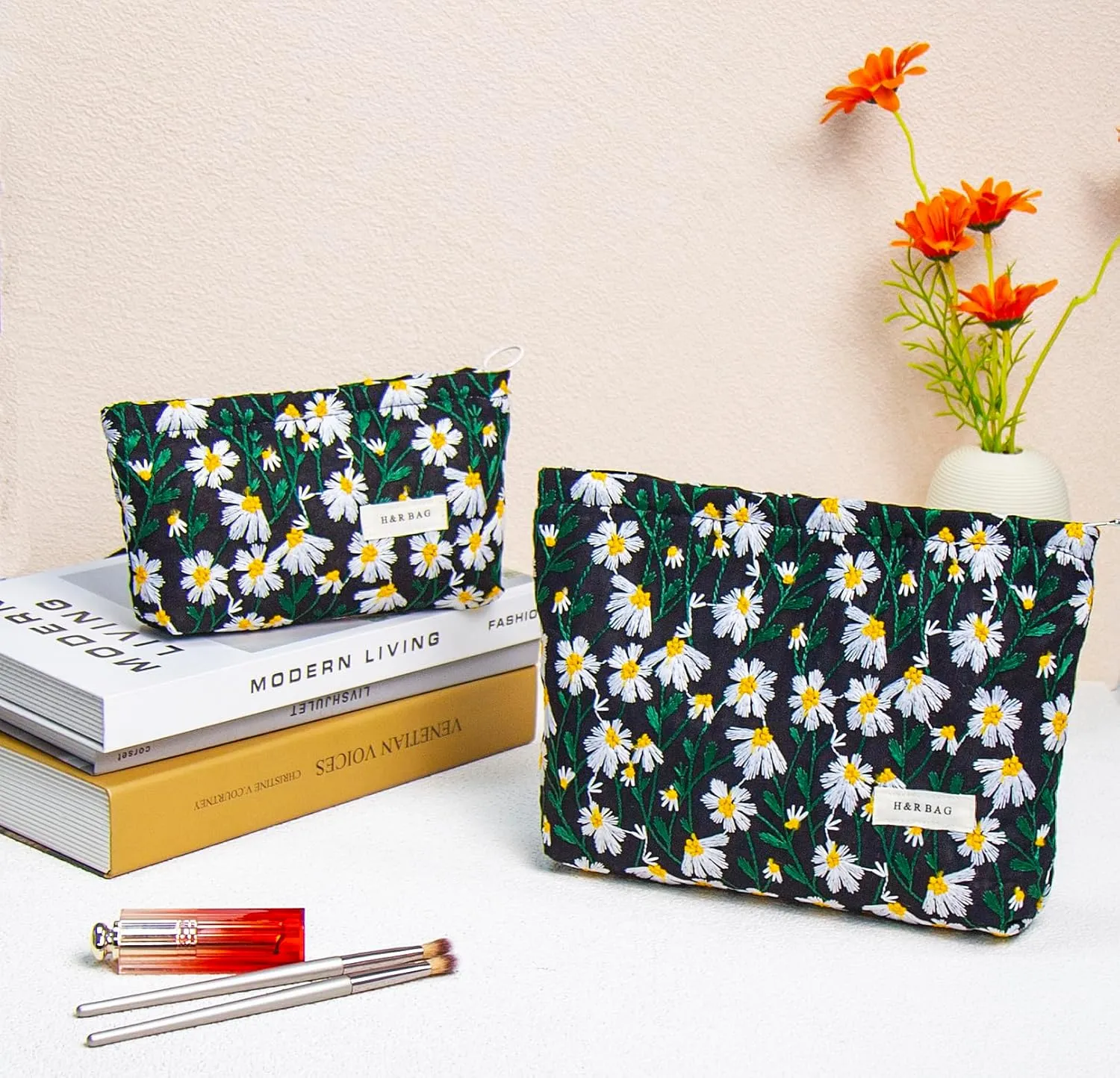 2 Pcs Makeup Bags, Large Cosmetic Bag Travel Toiletry Bag Organizer for Women, Embroidery Craft, Floral Makeup Bag Small Cosmetic Pouch Purse with Zipper Gifts for Girls Teen