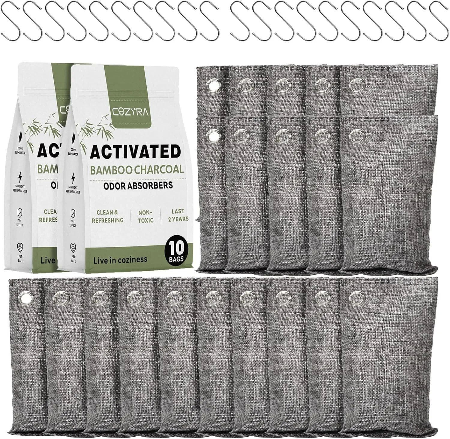 20 Pack Activated Charcoal Odor Absorber with Hooks 20 x 3.8oz Bamboo Charcoal Air Purifying Bags for Home, Pet, Closet, Shoe, Cars Natural Fresh Moisture Eliminator