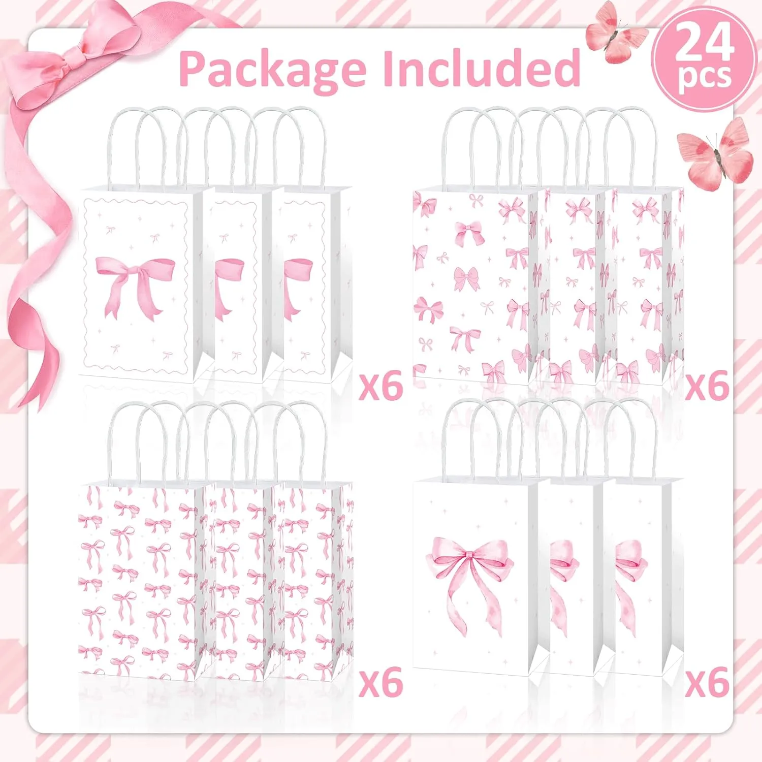 24Pcs Pink Bow Party Favor Bags Bow themed Goodie Bags Candy Bag for Birthday Party Decoration Coquette Gift Treat Bag with Handles for Bachelorette Engagement Baby Bridal Shower Supplies