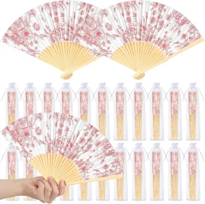 25 Sets Pink Flower Hand Folding Fans with Organza Bags Bulk, Guests Pink Floral Paper Fans Wedding Favors Decorations for Bridal Shower Garden Wedding Bridesmaid Party Gift