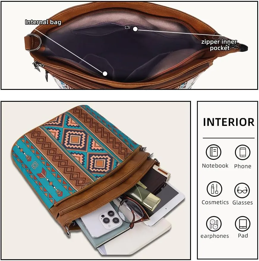 2pcs Bohemian Handbag Set Retro Ethnic Shoulder Bag, PU Leather, Large Capacity, Zipper Closure, Ideal for Vacation, Travel