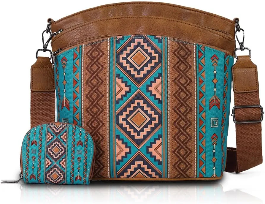 2pcs Bohemian Handbag Set Retro Ethnic Shoulder Bag, PU Leather, Large Capacity, Zipper Closure, Ideal for Vacation, Travel