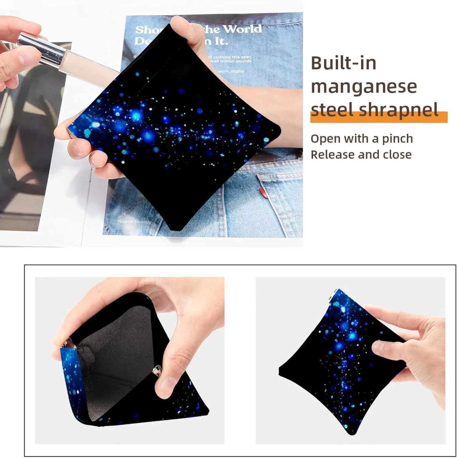 2Pcs Faux Leather Makeup Bag Set, Small Makeup Pouch, Self-Closing Makeup Pouch for Women, Mini Travel Storage for Cosmetics, Christmas Happy New Year Blue
