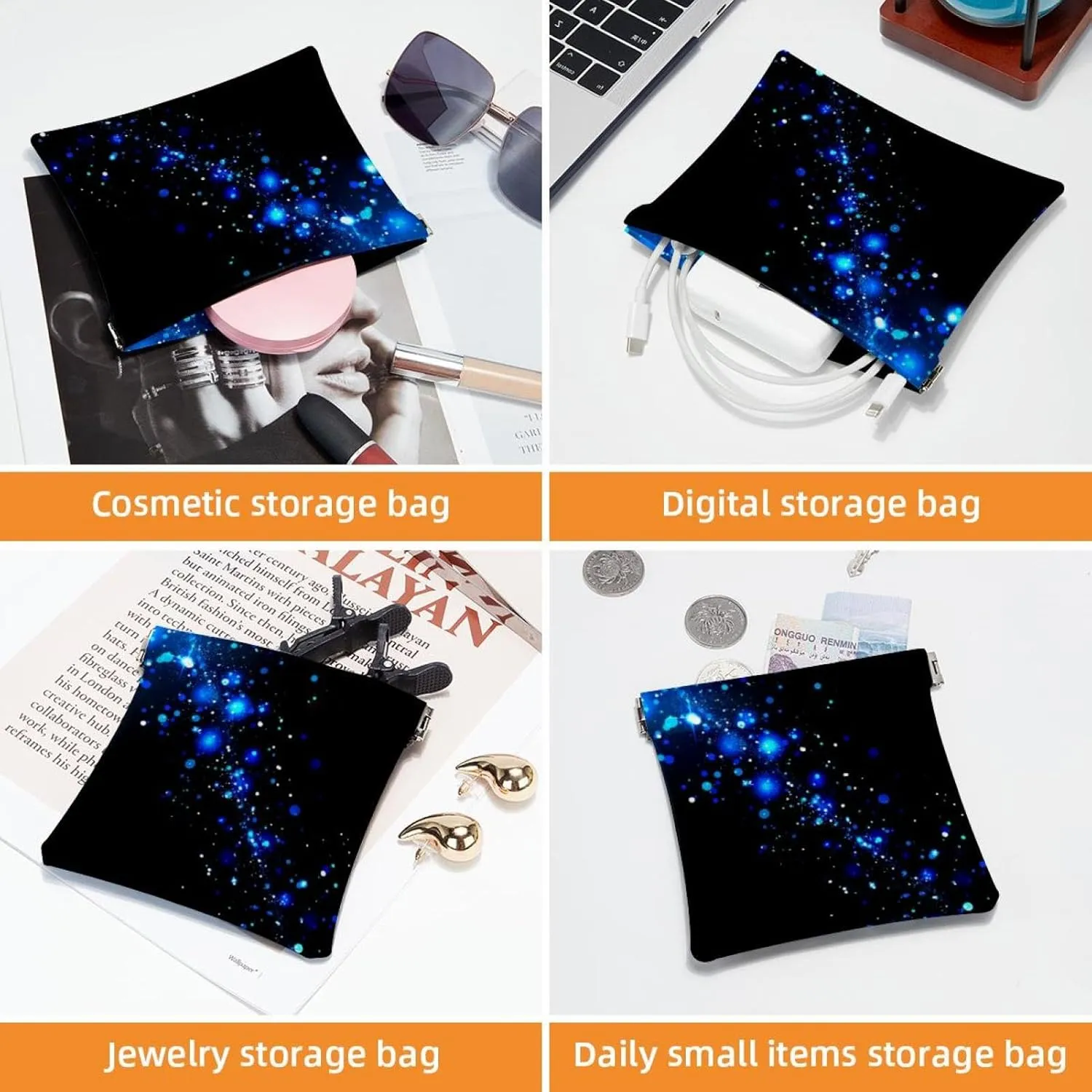 2Pcs Faux Leather Makeup Bag Set, Small Makeup Pouch, Self-Closing Makeup Pouch for Women, Mini Travel Storage for Cosmetics, Christmas Happy New Year Blue