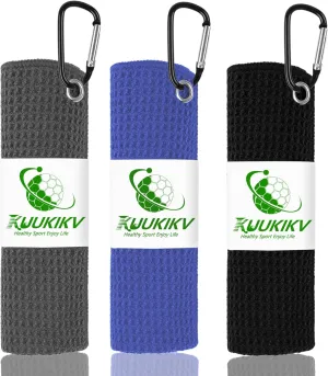 3 Pack 16" X 16" Golf Towels for Golf Bags, Premium Waffle-Pattern Golf Towel with Carabiner Clip, Super Absorbent Microfiber Towel, Golf Accessories for Golf Bag. Black-Blue-Gray Colors