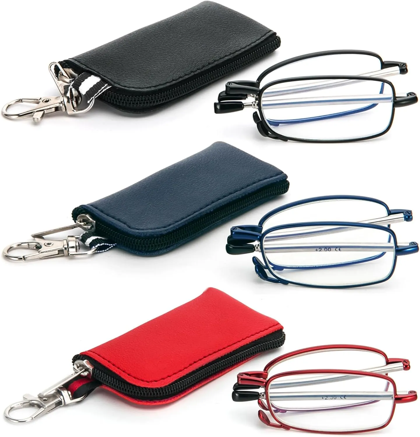 3 Pack Folding Reading Glasses with Keychain Compact Bags Women Men Blue Light Blocking Spring Hinge Portable Pocket Readers,Black Blue and Red 0.0