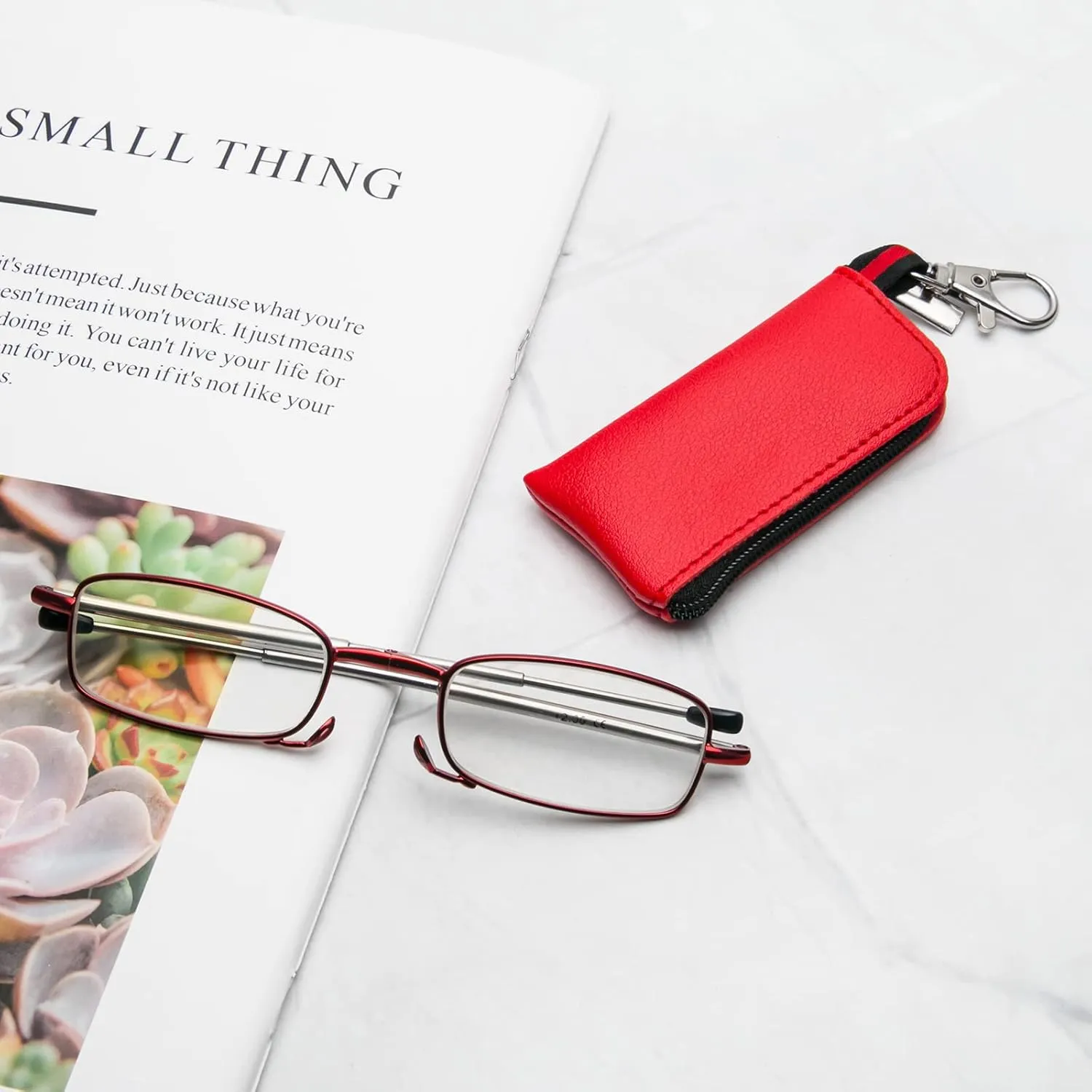 3 Pack Folding Reading Glasses with Keychain Compact Bags Women Men Blue Light Blocking Spring Hinge Portable Pocket Readers,Black Blue and Red 0.0