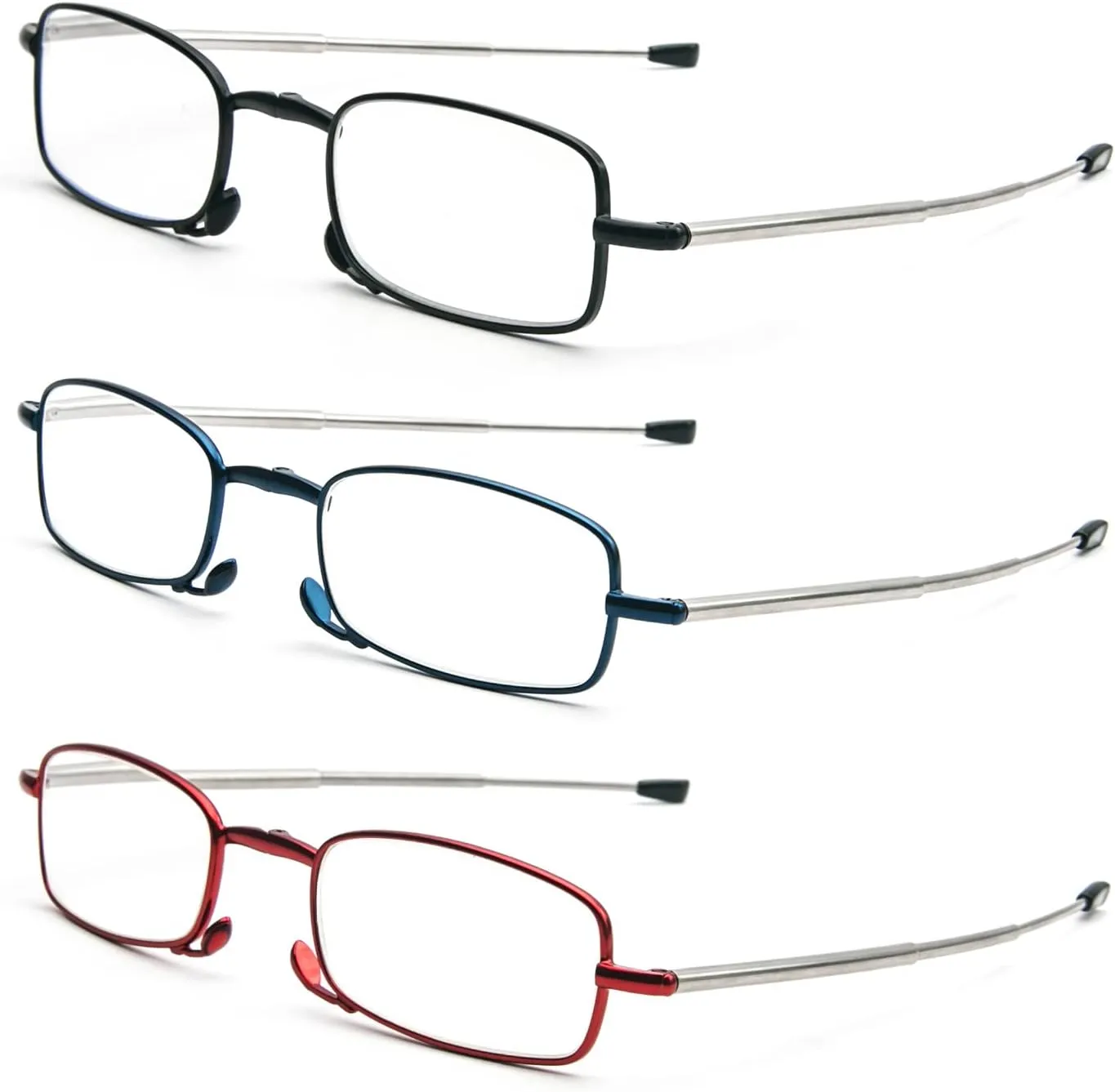 3 Pack Folding Reading Glasses with Keychain Compact Bags Women Men Blue Light Blocking Spring Hinge Portable Pocket Readers,Black Blue and Red 0.0
