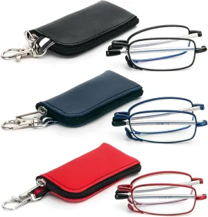 3 Pack Folding Reading Glasses with Keychain Compact Bags Women Men Blue Light Blocking Spring Hinge Portable Pocket Readers,Black Blue and Red 0.0