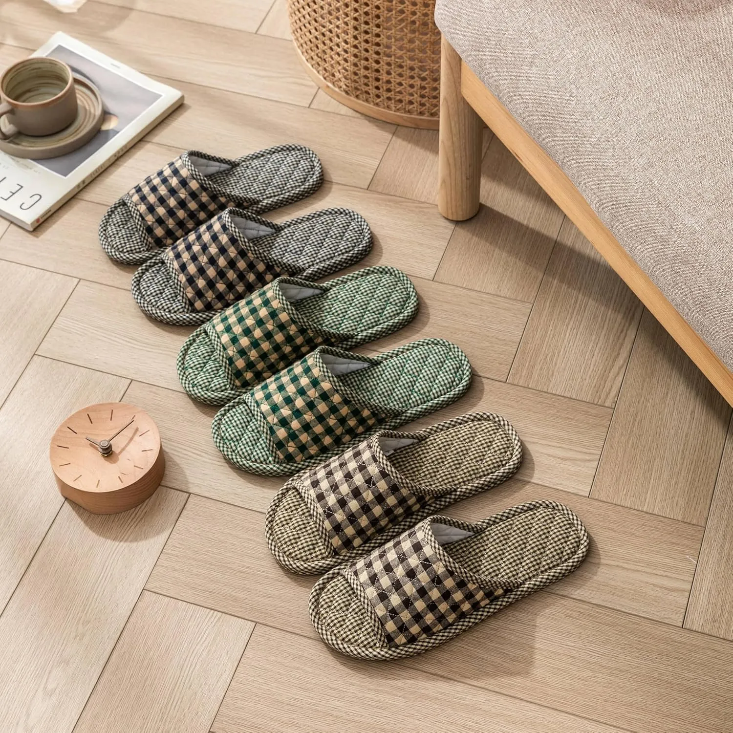 3 Pairs Plaid House Slippers for Men, Open Toe Indoor Slippers Comfortable Washable Portable Foldable Guest Travel Hotel Airplane Spa Slippers