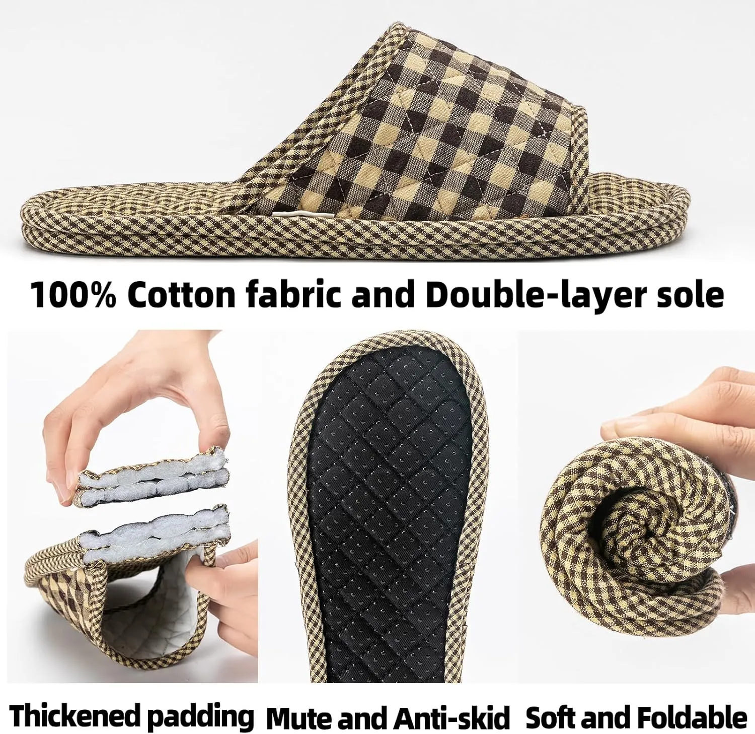 3 Pairs Plaid House Slippers for Men, Open Toe Indoor Slippers Comfortable Washable Portable Foldable Guest Travel Hotel Airplane Spa Slippers