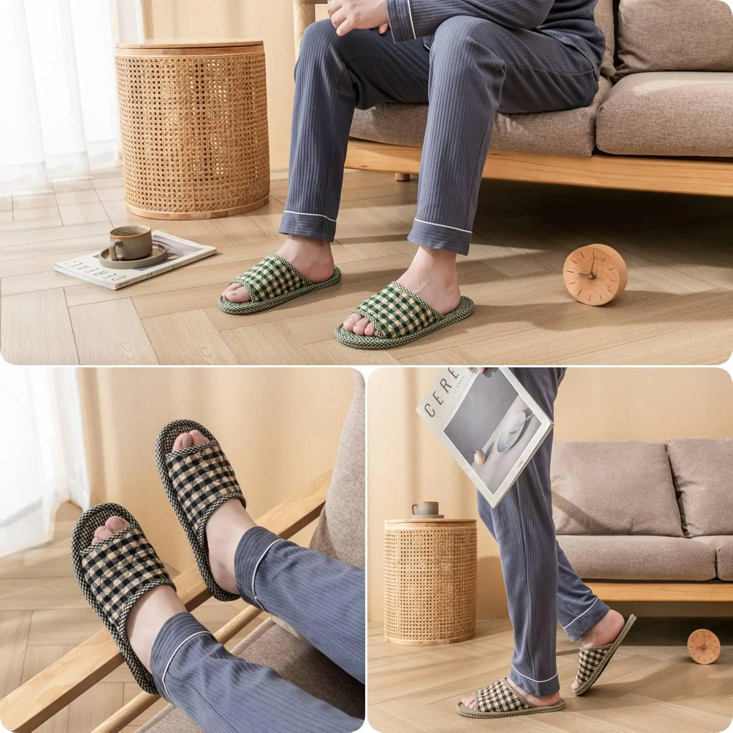 3 Pairs Plaid House Slippers for Men, Open Toe Indoor Slippers Comfortable Washable Portable Foldable Guest Travel Hotel Airplane Spa Slippers