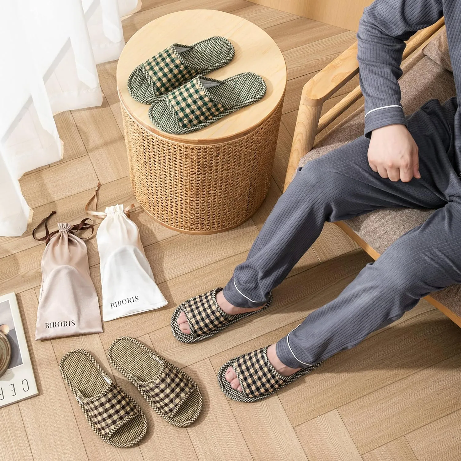 3 Pairs Plaid House Slippers for Men, Open Toe Indoor Slippers Comfortable Washable Portable Foldable Guest Travel Hotel Airplane Spa Slippers