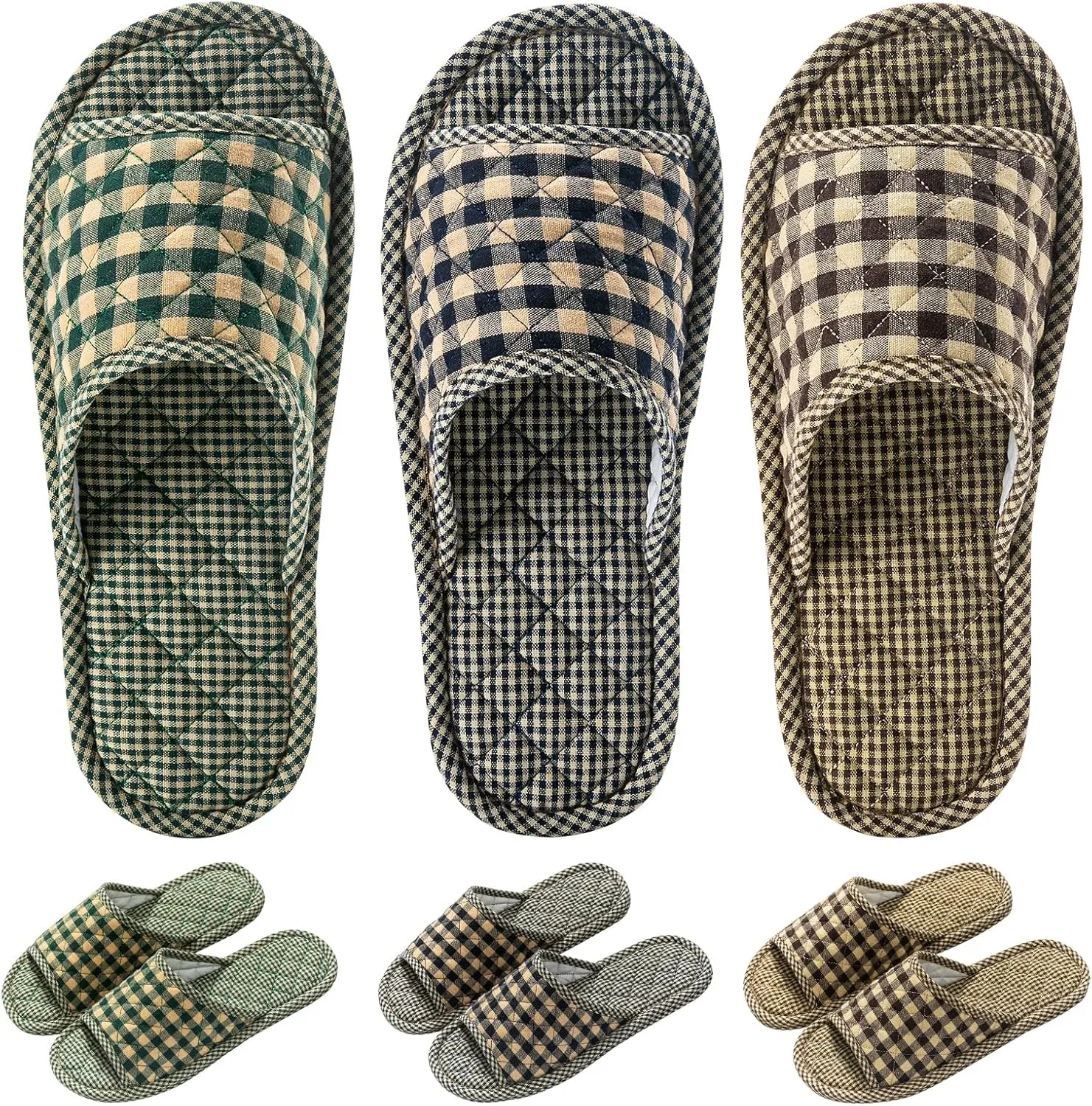 3 Pairs Plaid House Slippers for Men, Open Toe Indoor Slippers Comfortable Washable Portable Foldable Guest Travel Hotel Airplane Spa Slippers