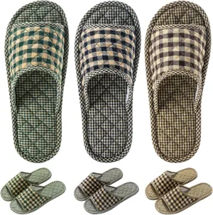 3 Pairs Plaid House Slippers for Men, Open Toe Indoor Slippers Comfortable Washable Portable Foldable Guest Travel Hotel Airplane Spa Slippers