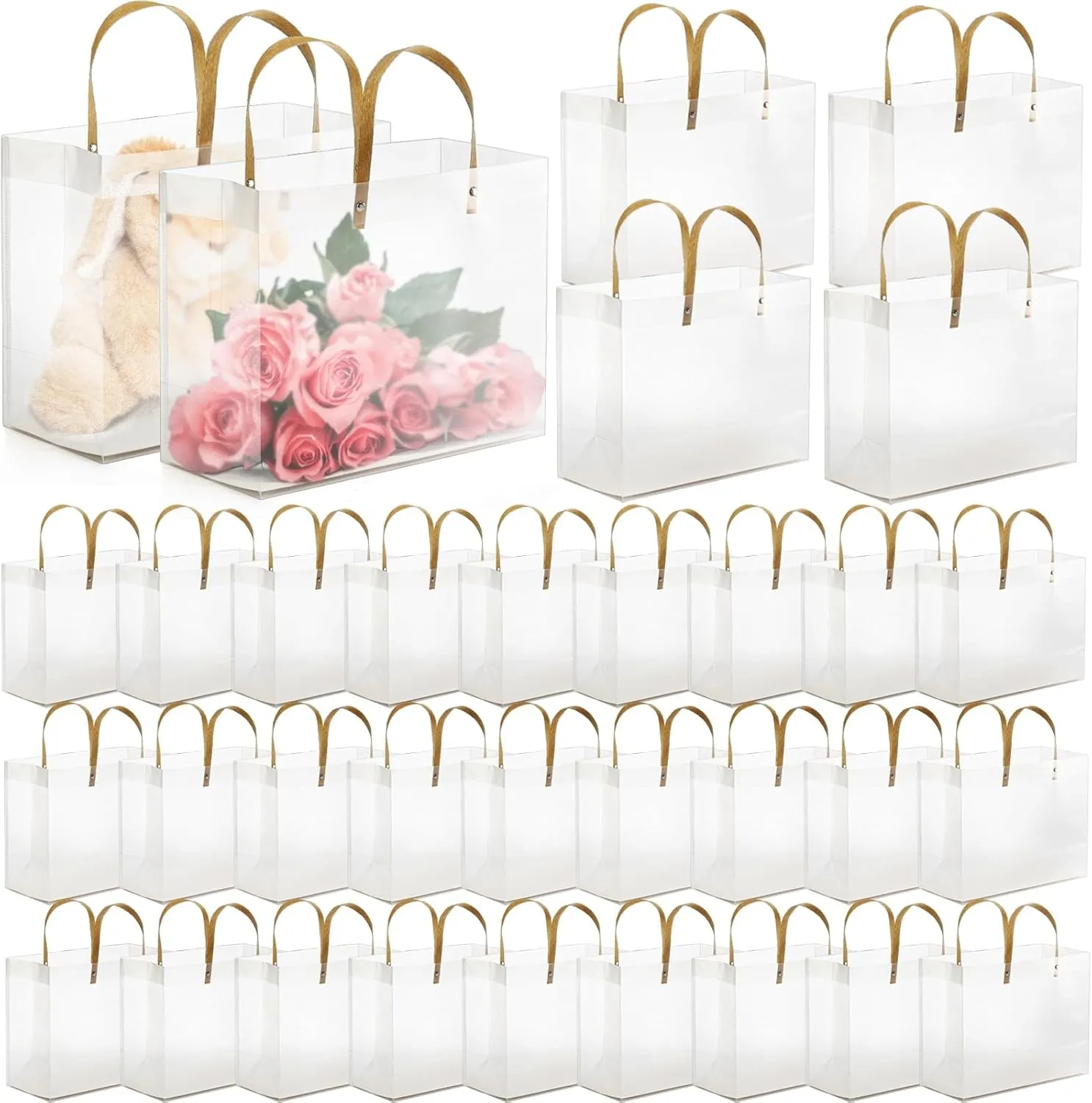 30 Pcs Clear Gift Bags with Handle, Plastic Gift Wrap Handbags with Cardboard Bottom for Mother's Day, Reusable Tote Boutique Shopping Bag for Wedding, Party, Birthday, Baby Shower