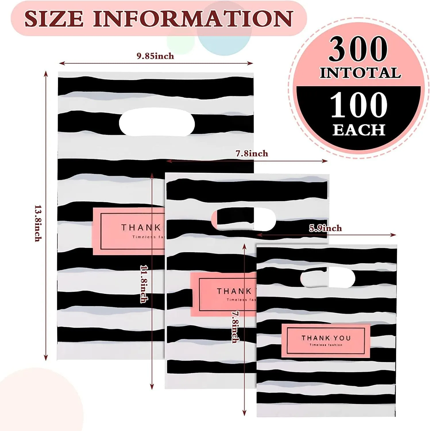 300PCS 3 Size Thank You Merchandise Bag, Die Cut Plastic Shopping Bag With Handles, Gift Boutique Goodie Bags for Party, Stores, Business, Retail (Stripe)
