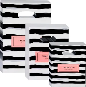 300PCS 3 Size Thank You Merchandise Bag, Die Cut Plastic Shopping Bag With Handles, Gift Boutique Goodie Bags for Party, Stores, Business, Retail (Stripe)