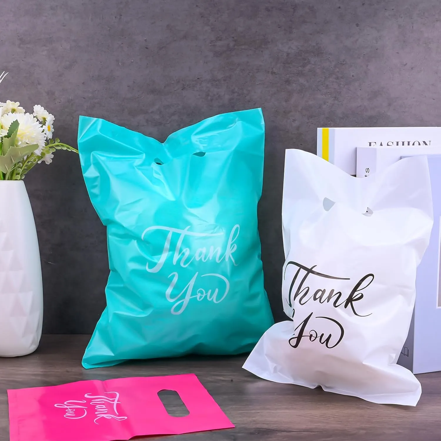300pcs Thank You Merchandise Bags - 3 Size Plastic Gift Bags for Business, Wedding, Party & Stores