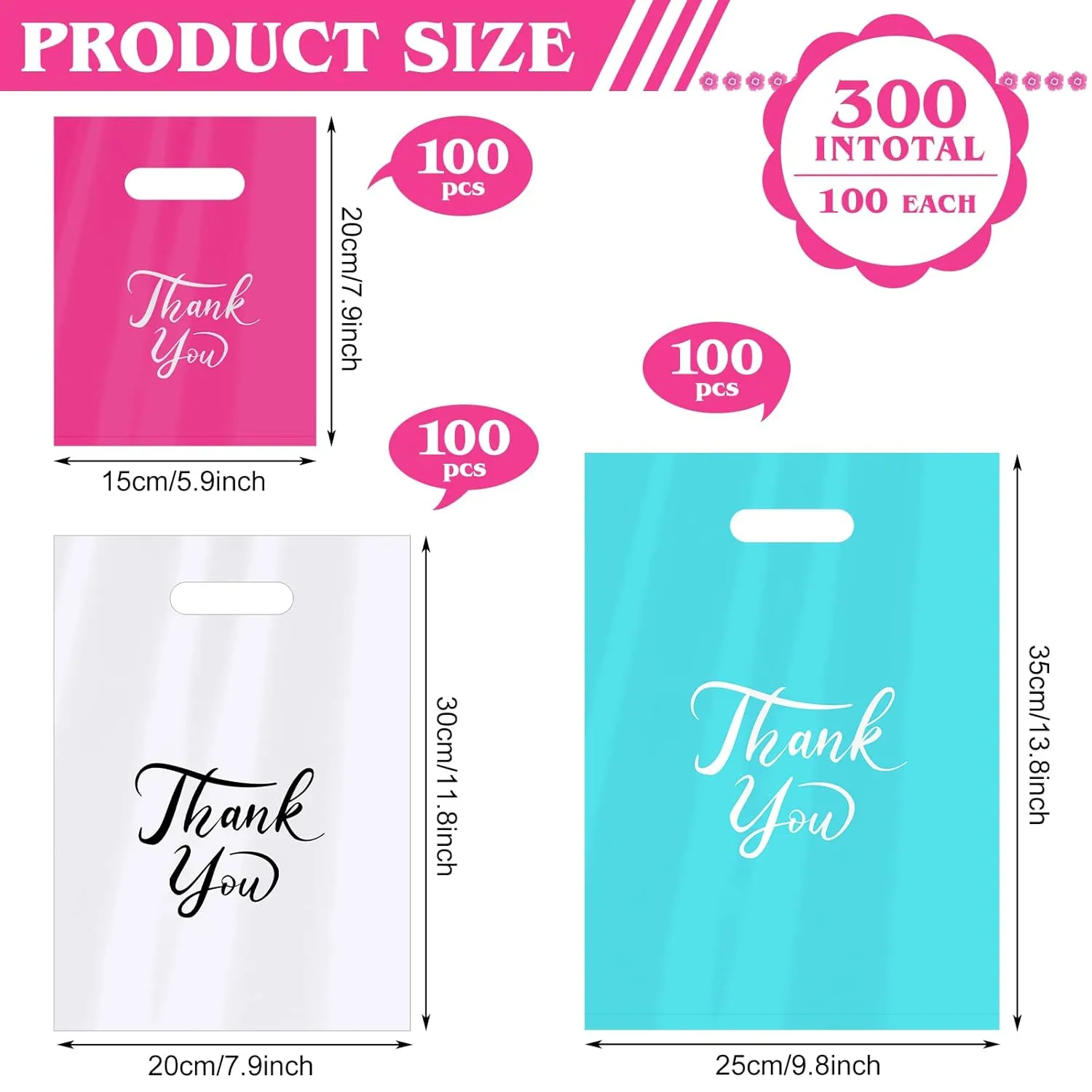 300pcs Thank You Merchandise Bags - 3 Size Plastic Gift Bags for Business, Wedding, Party & Stores