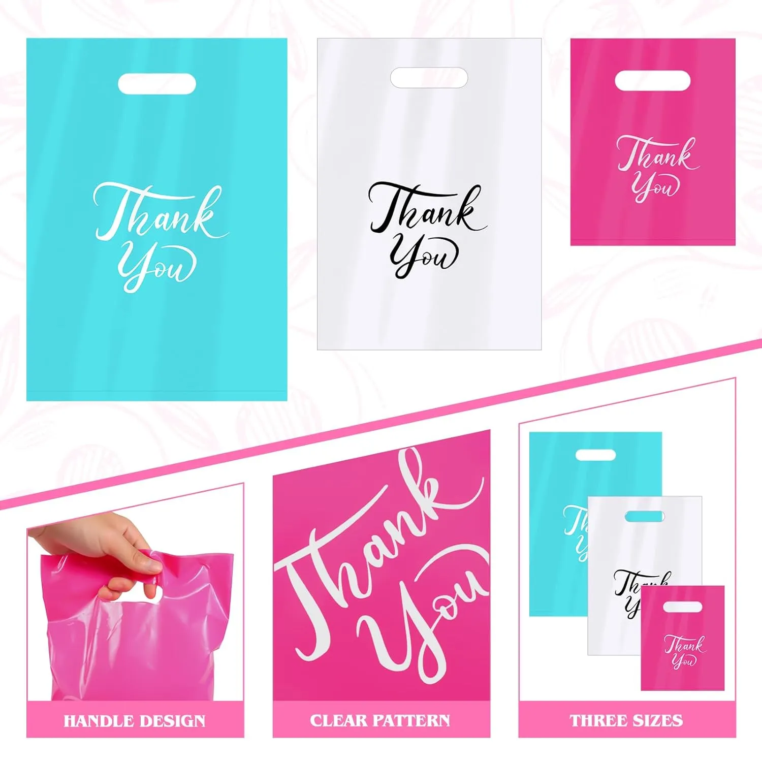 300pcs Thank You Merchandise Bags - 3 Size Plastic Gift Bags for Business, Wedding, Party & Stores
