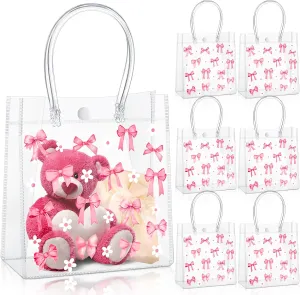 36 Pcs Pink Bow PVC Clear Gift Bag 5.9 x 6.3 x 2.7 Inches Clear PVC Gift Bags with Handles Reusable Treat Bowtie Plastic Tote for Wedding Birthday Coquette Party Favors
