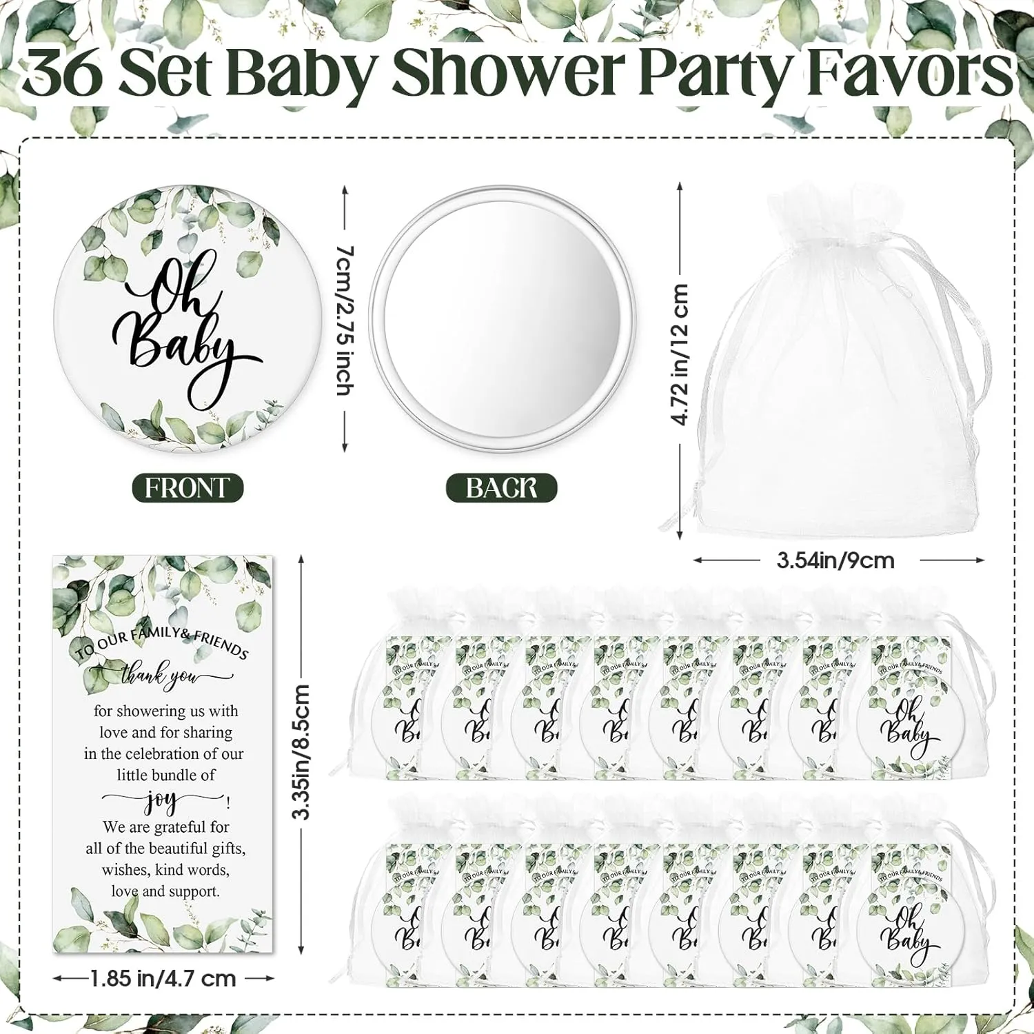 36 Sets Baby Shower Favors for Adults 2.76'' Compact Mirrors Bulk with Thank You Cards Organza Bags Pocket Makeup Mirrors for Bridal Wedding Gender Reveal Party Gifts(Baby,Green)