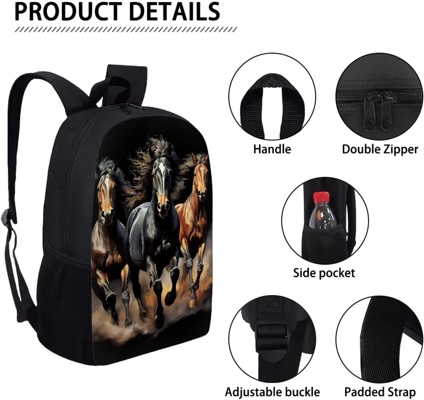 3D Horse Animal Bookbag for Boys,Portable Children School Backpack 17 Inch Lightweight Large Capacity Kids Schoolbag Preschool，Middle Students，College Students Casual Daypack Teens Travel Bags