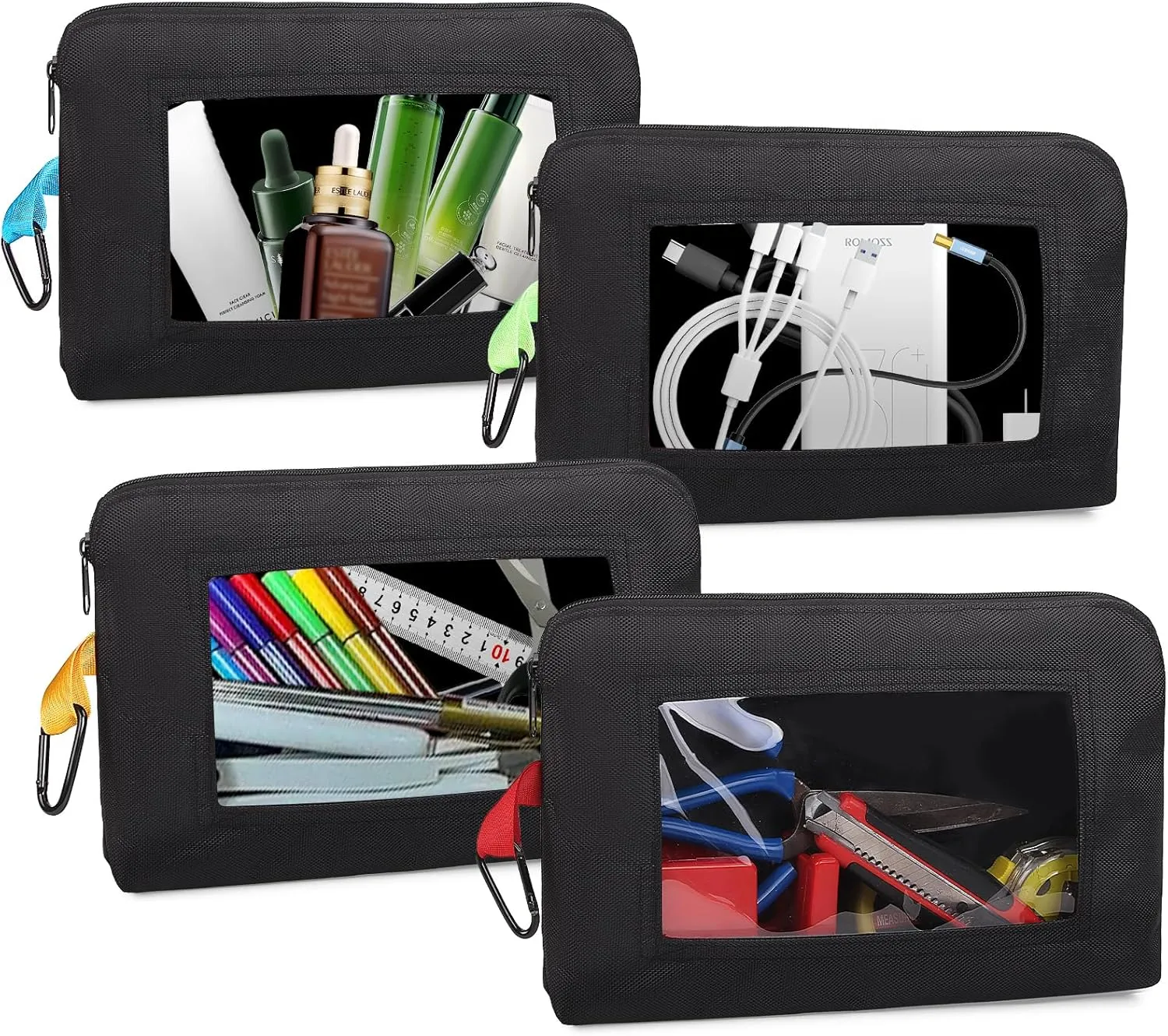 4 PCS Clear Tool Pouches with Zipper and Belt Clip, Water Proof Small Tool Pouch Bag Oxford Small Tool Bags for Tools, cosmetic, Travel Accessories, Stationery