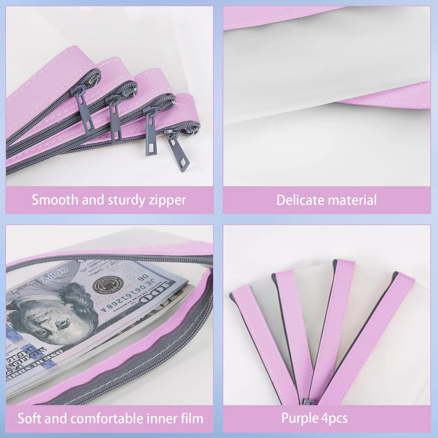 4 Pieces Money Bags With Zipper, Cash Envelopes,7.6 x 3.7 inch Money Pouch, Clear Bank Deposit Bags, Bank Bag, Cash Bag, Coin Bag for Collectors, Multi-Purpose Check Wallet （Purple）