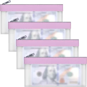 4 Pieces Money Bags With Zipper, Cash Envelopes,7.6 x 3.7 inch Money Pouch, Clear Bank Deposit Bags, Bank Bag, Cash Bag, Coin Bag for Collectors, Multi-Purpose Check Wallet （Purple）