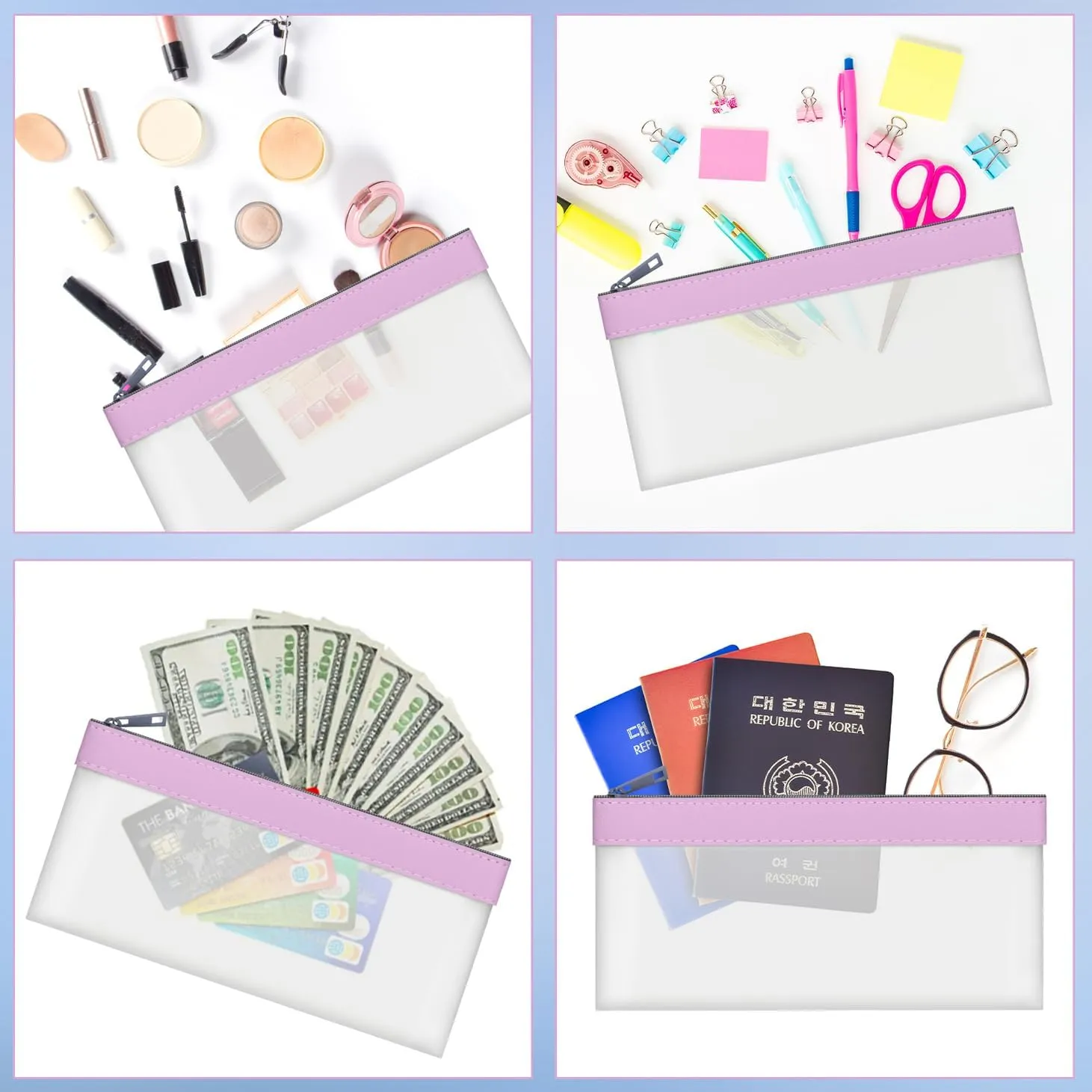 4 Pieces Money Bags With Zipper, Cash Envelopes,7.6 x 3.7 inch Money Pouch, Clear Bank Deposit Bags, Bank Bag, Cash Bag, Coin Bag for Collectors, Multi-Purpose Check Wallet （Purple）