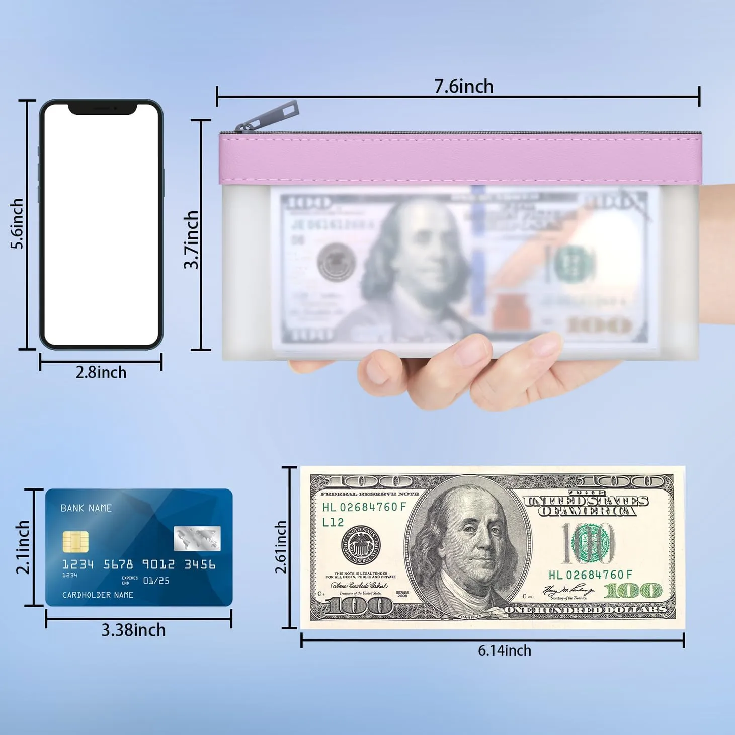4 Pieces Money Bags With Zipper, Cash Envelopes,7.6 x 3.7 inch Money Pouch, Clear Bank Deposit Bags, Bank Bag, Cash Bag, Coin Bag for Collectors, Multi-Purpose Check Wallet （Purple）