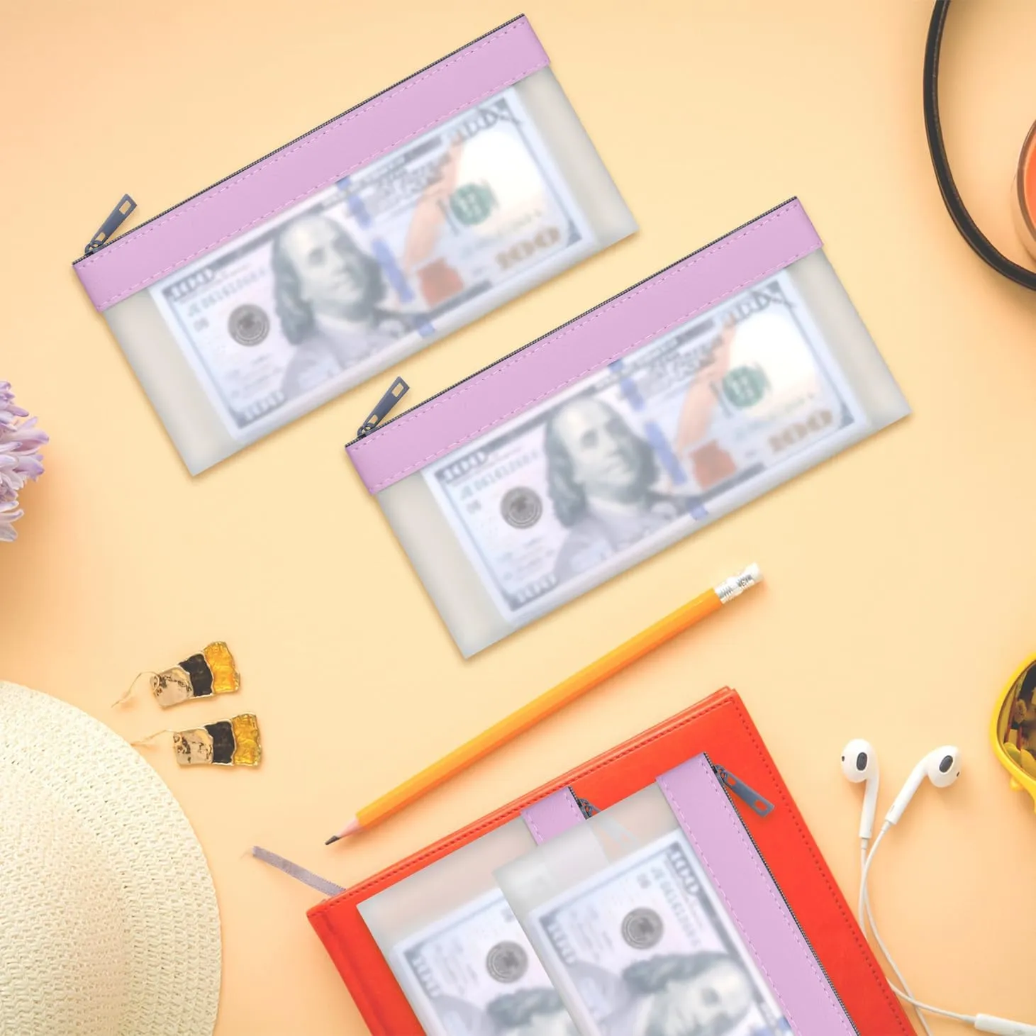 4 Pieces Money Bags With Zipper, Cash Envelopes,7.6 x 3.7 inch Money Pouch, Clear Bank Deposit Bags, Bank Bag, Cash Bag, Coin Bag for Collectors, Multi-Purpose Check Wallet （Purple）