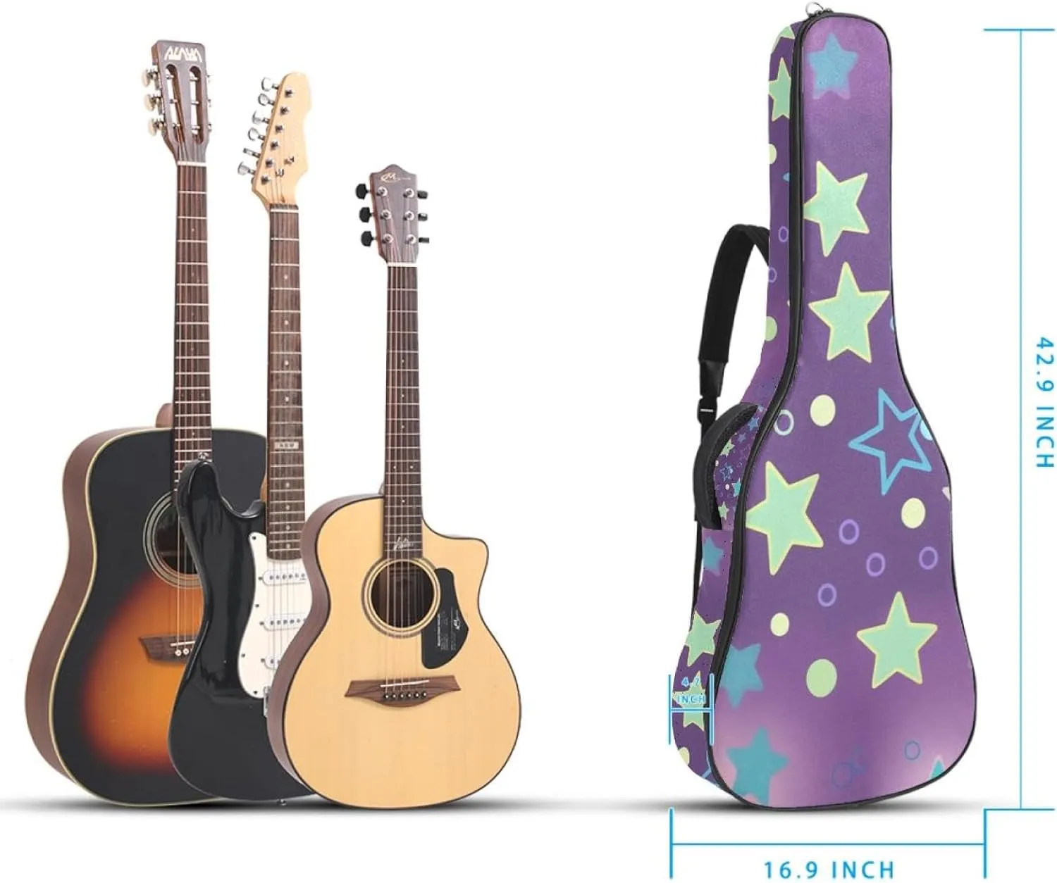 40/41/42-inch Sparkling Stars Acoustic Guitar Bag With Adjustable Shoulder Strap And 2 Storage Bags. Guitar Bag With Back Hanging Loop, Electric, and Classical Guitars