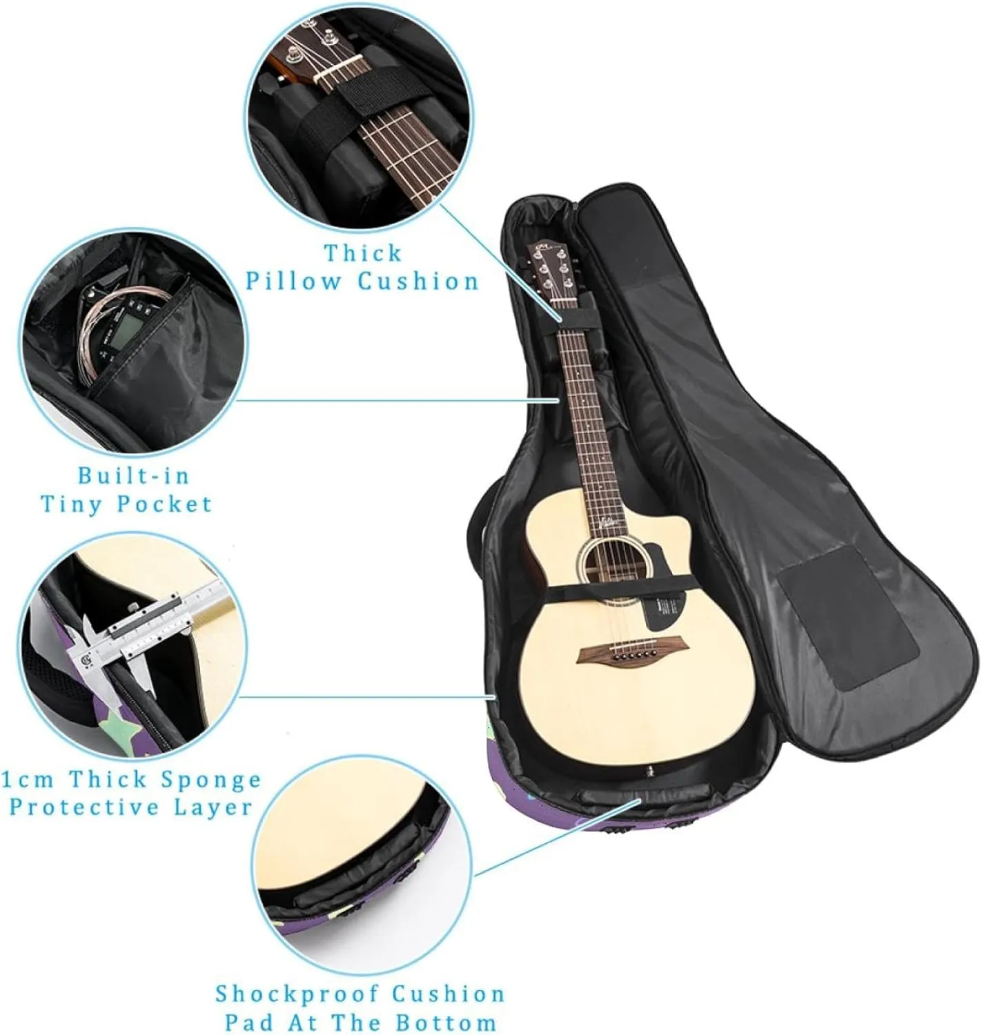 40/41/42-inch Sparkling Stars Acoustic Guitar Bag With Adjustable Shoulder Strap And 2 Storage Bags. Guitar Bag With Back Hanging Loop, Electric, and Classical Guitars