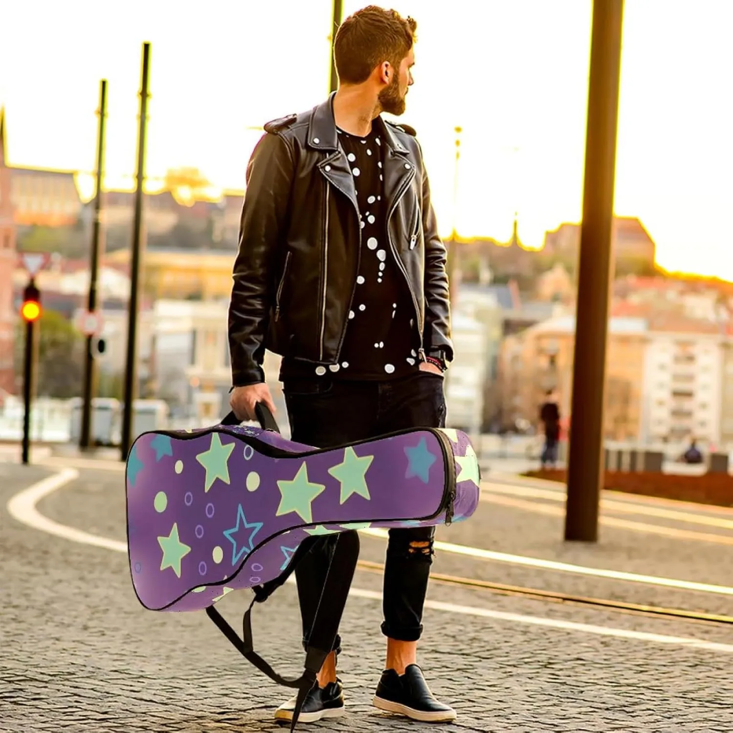 40/41/42-inch Sparkling Stars Acoustic Guitar Bag With Adjustable Shoulder Strap And 2 Storage Bags. Guitar Bag With Back Hanging Loop, Electric, and Classical Guitars